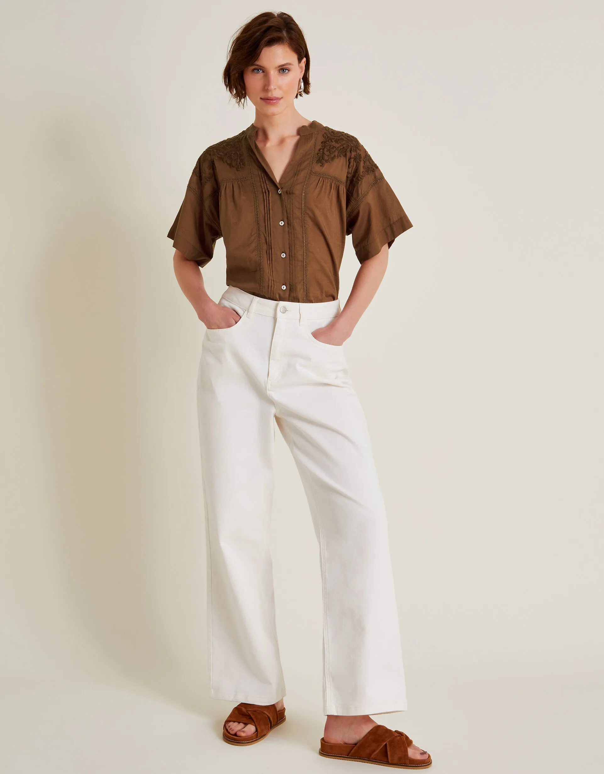 Aerin Embroidered Short Sleeve Blouse Brown