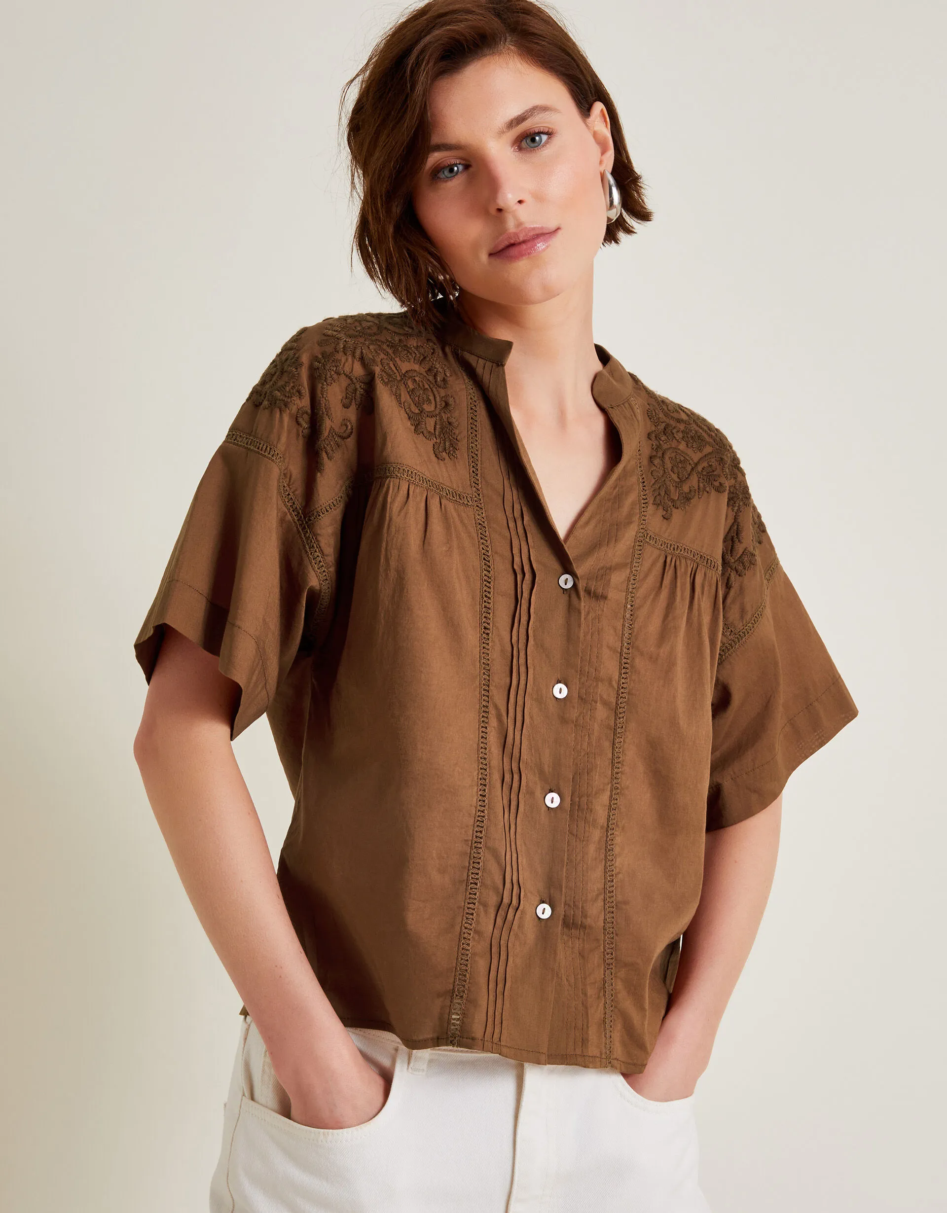 Aerin Embroidered Short Sleeve Blouse Brown