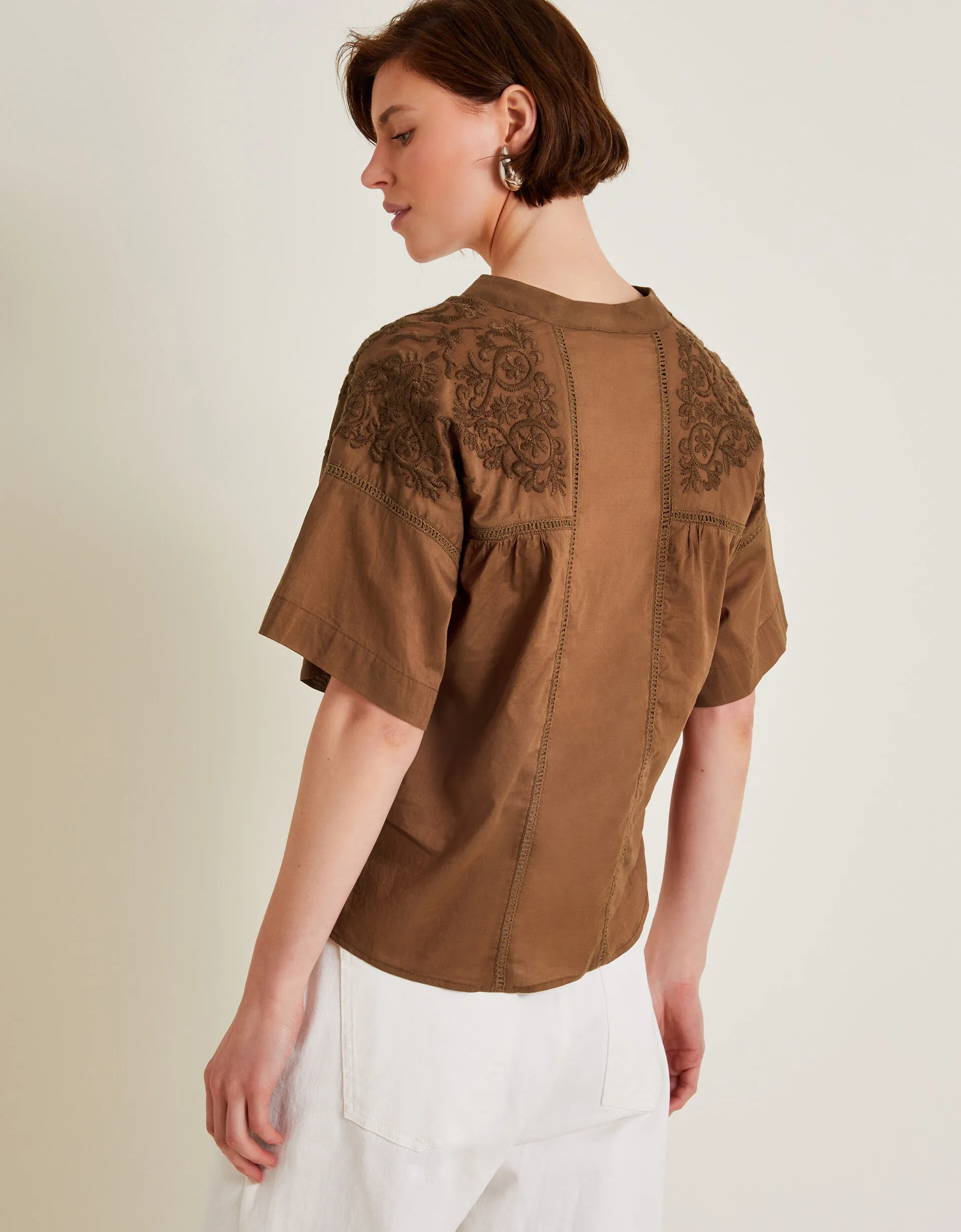 Aerin Embroidered Short Sleeve Blouse Brown