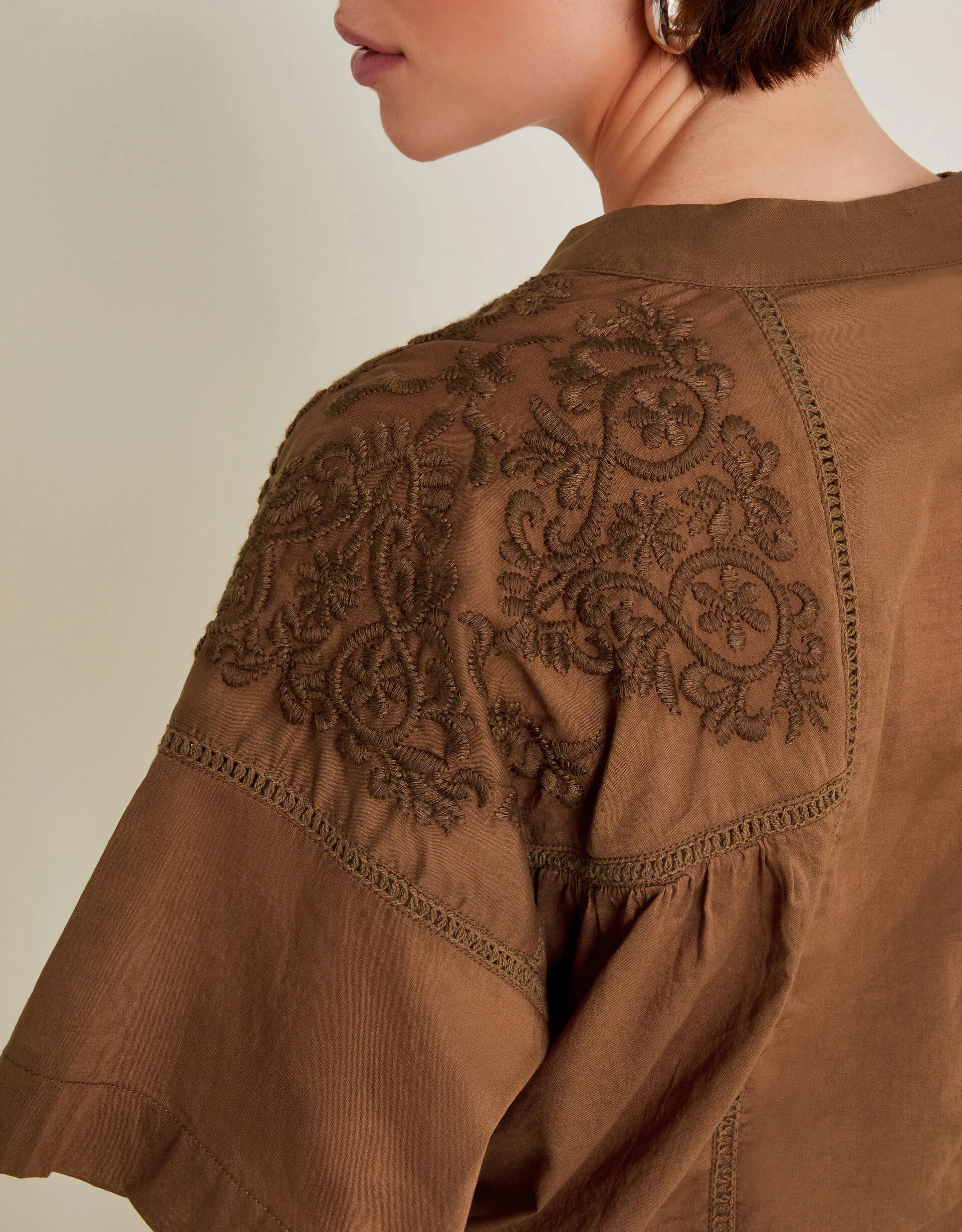 Aerin Embroidered Short Sleeve Blouse Brown