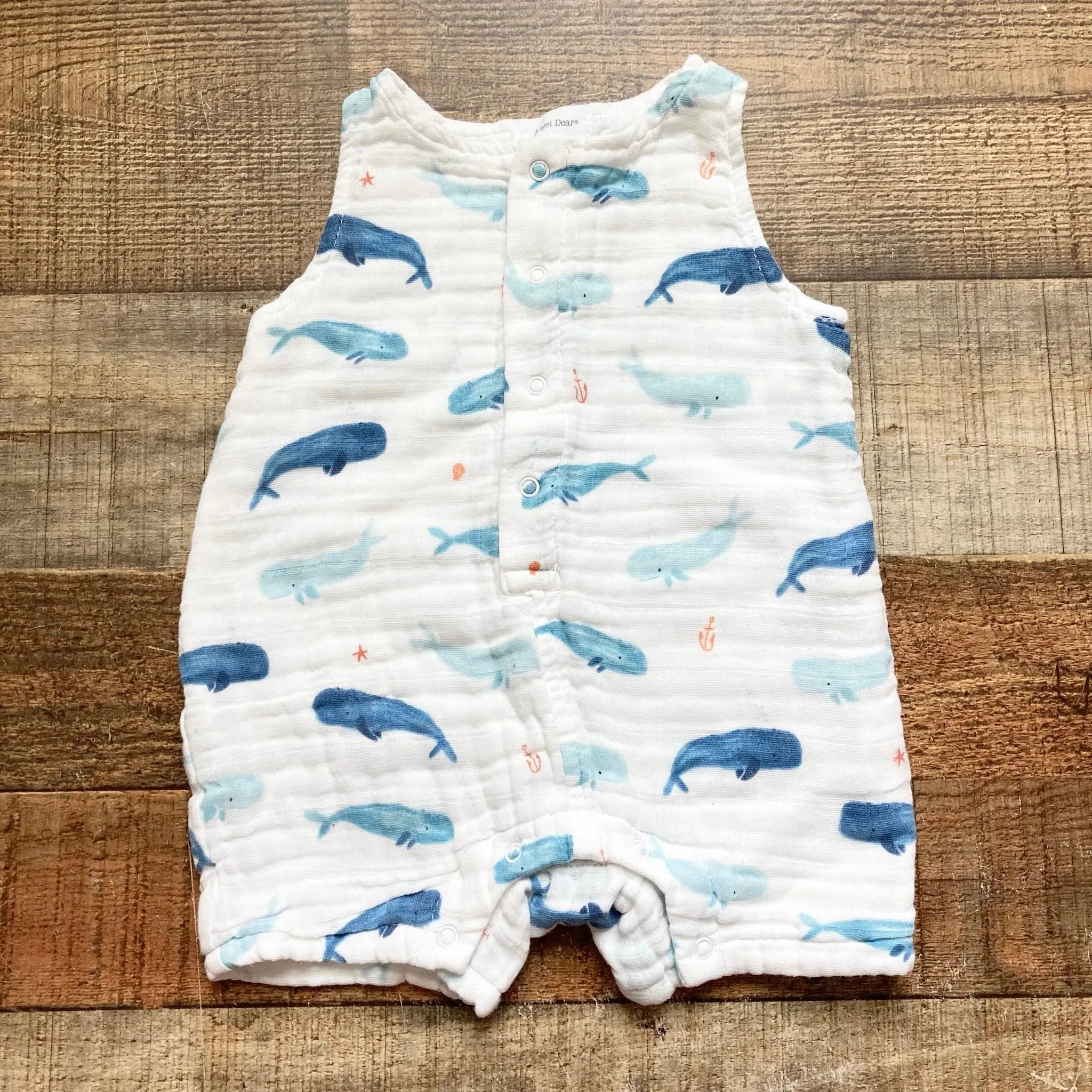 Angel Dear Blue Whales Muslin Romper with Matching Sun Hat- Size ~6-9M (no size tag, fits like 6-9M, sold as a set)