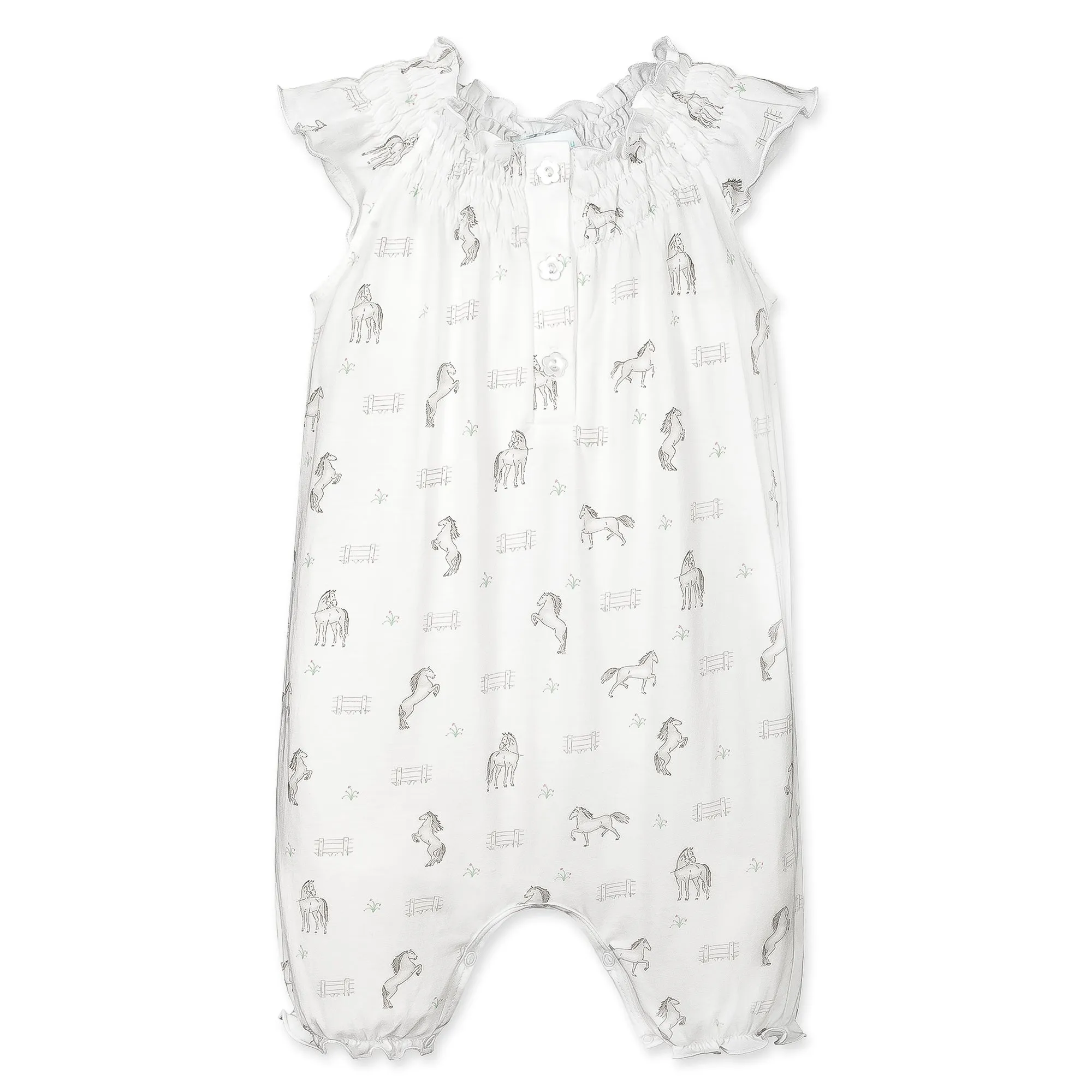 Angel-Sleeve Romper - Horses on White  100% Pima Cotton