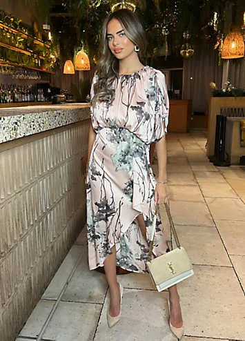 AX Paris Dusty Pink Printed Batwing Top Wrap Skirt Midi Dress | Grattan