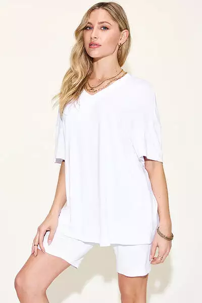 Basic Bae V-Neck Drop Shoulder Short Sleeve T-Shirt and Shorts Set