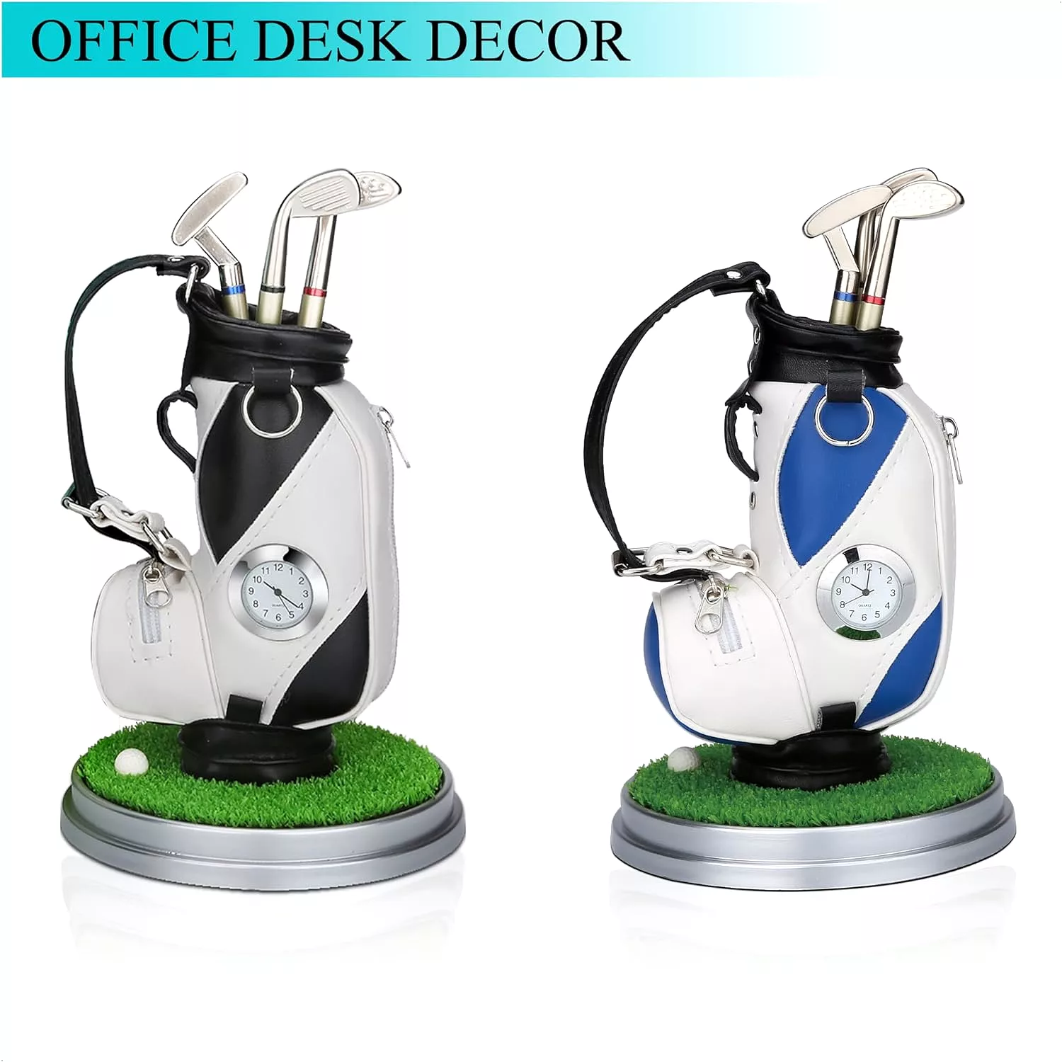 Black and Silve Mini Desktop Golf Bag Pen Holder with Golf Pens Clock Novelty Gift