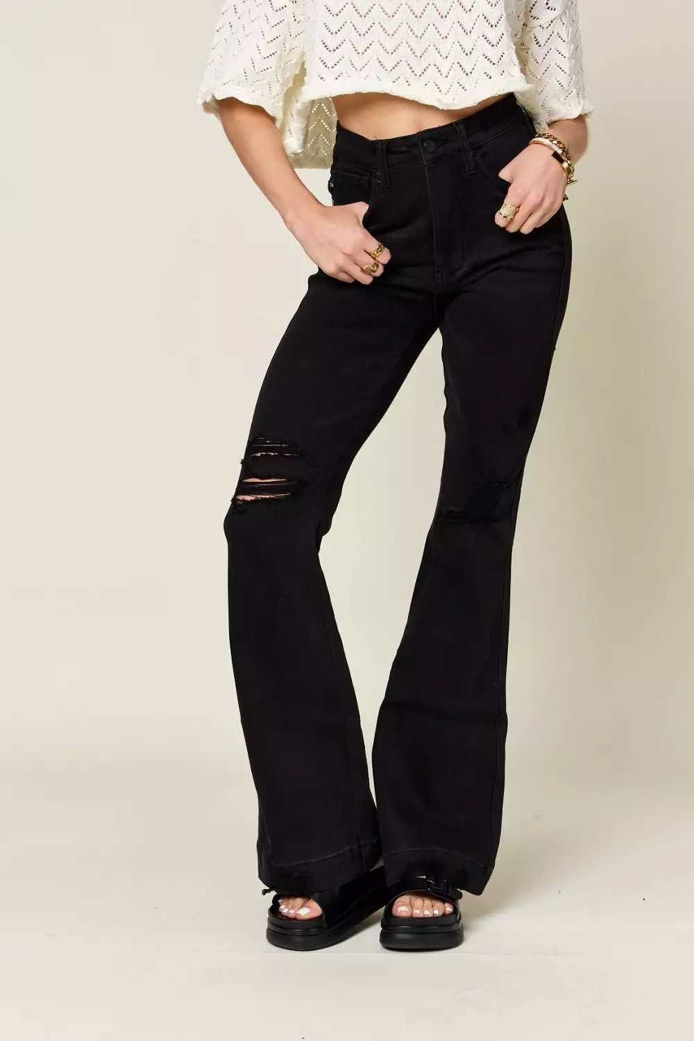 Black Full Size High Waist Distressed Flare Jeans