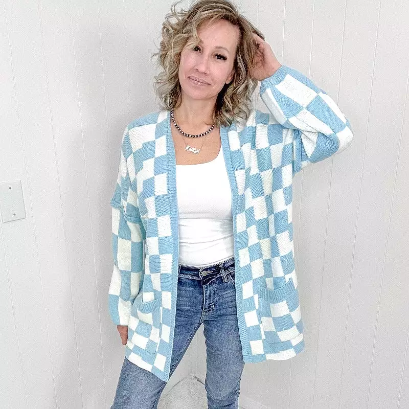 Blakeley Blue Beverly Checkered Print Open Front Cardigan