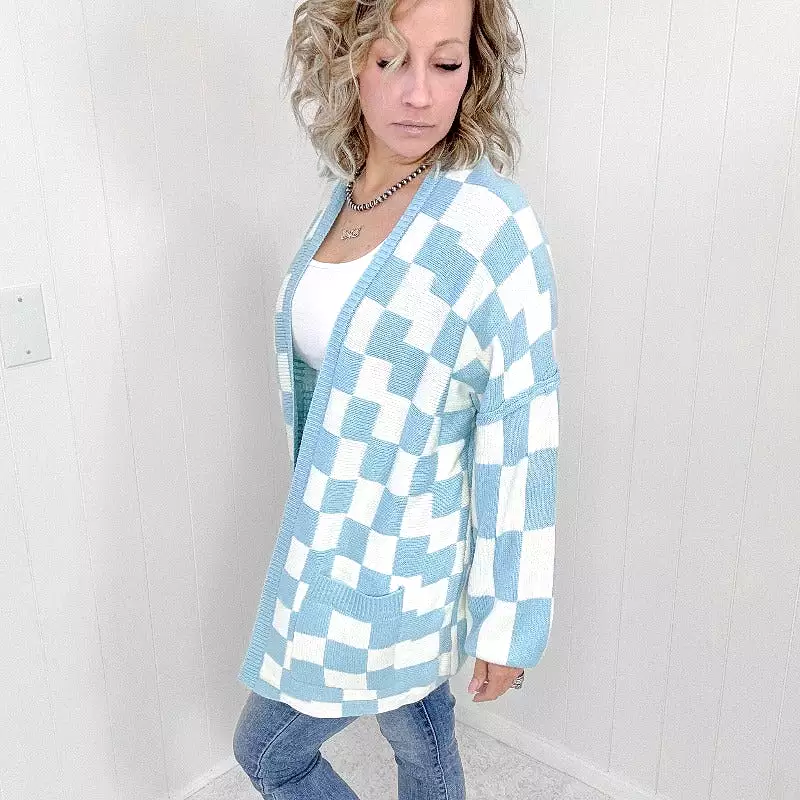 Blakeley Blue Beverly Checkered Print Open Front Cardigan