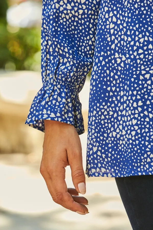  Blue & White Heart Print Ruffle Detail Wrap Front Top