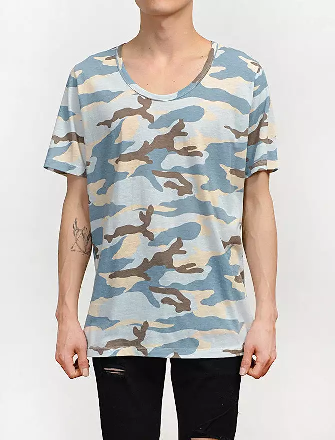 Blue Camouflage Short Sleeve Tshirts Mens Military Tees Scoop Neck Top