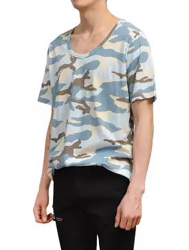 Blue Camouflage Short Sleeve Tshirts Mens Military Tees Scoop Neck Top