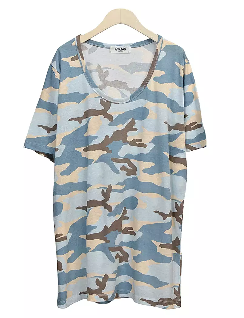 Blue Camouflage Short Sleeve Tshirts Mens Military Tees Scoop Neck Top