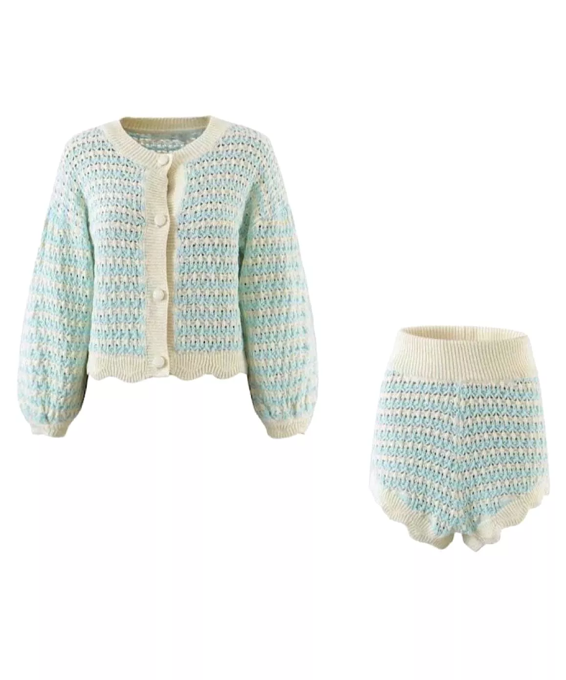 Blue Striped Knit Two Piece Cardigan Shorts Set