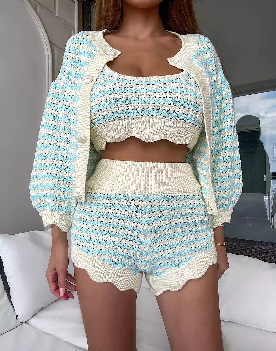 Blue Striped Knit Two Piece Cardigan Shorts Set