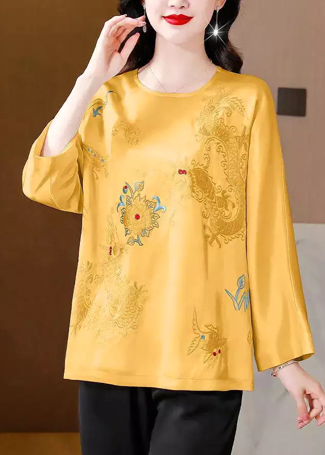 Casual Yellow Embroidered Silk Blouse Tops Spring HA1048