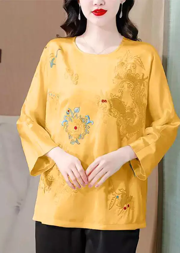 Casual Yellow Embroidered Silk Blouse Tops Spring HA1048