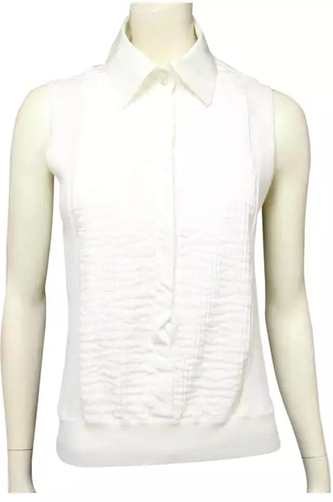 Chanel 05P, 2005 Spring White Cotton Top Blouse Pleated Front FR 42