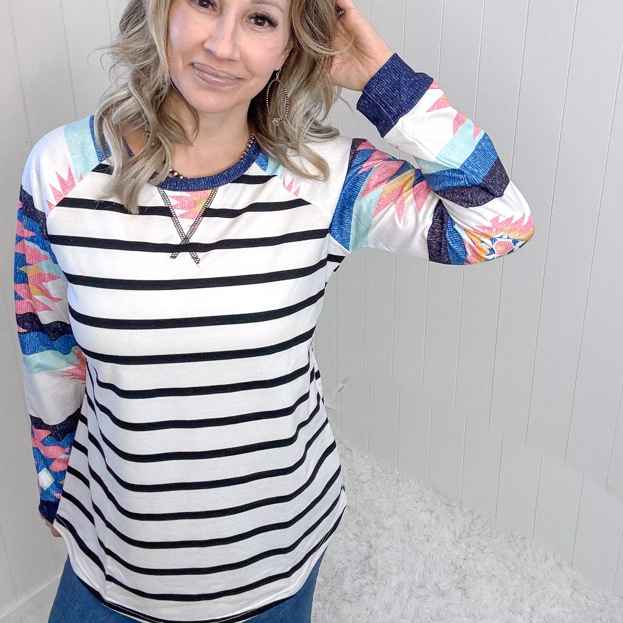 Change Of Pace Multi Print  Striped Long Sleeved Tee