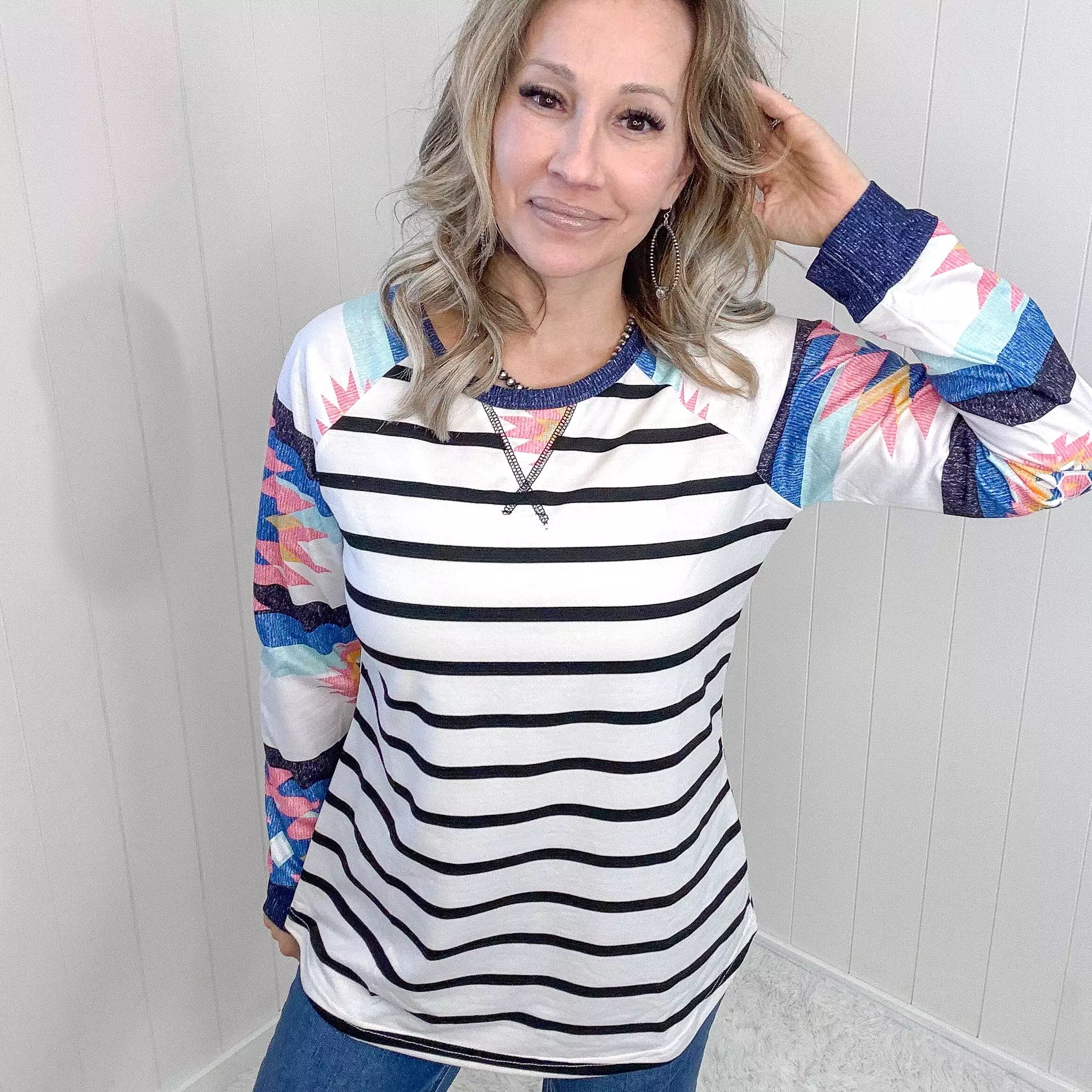 Change Of Pace Multi Print  Striped Long Sleeved Tee