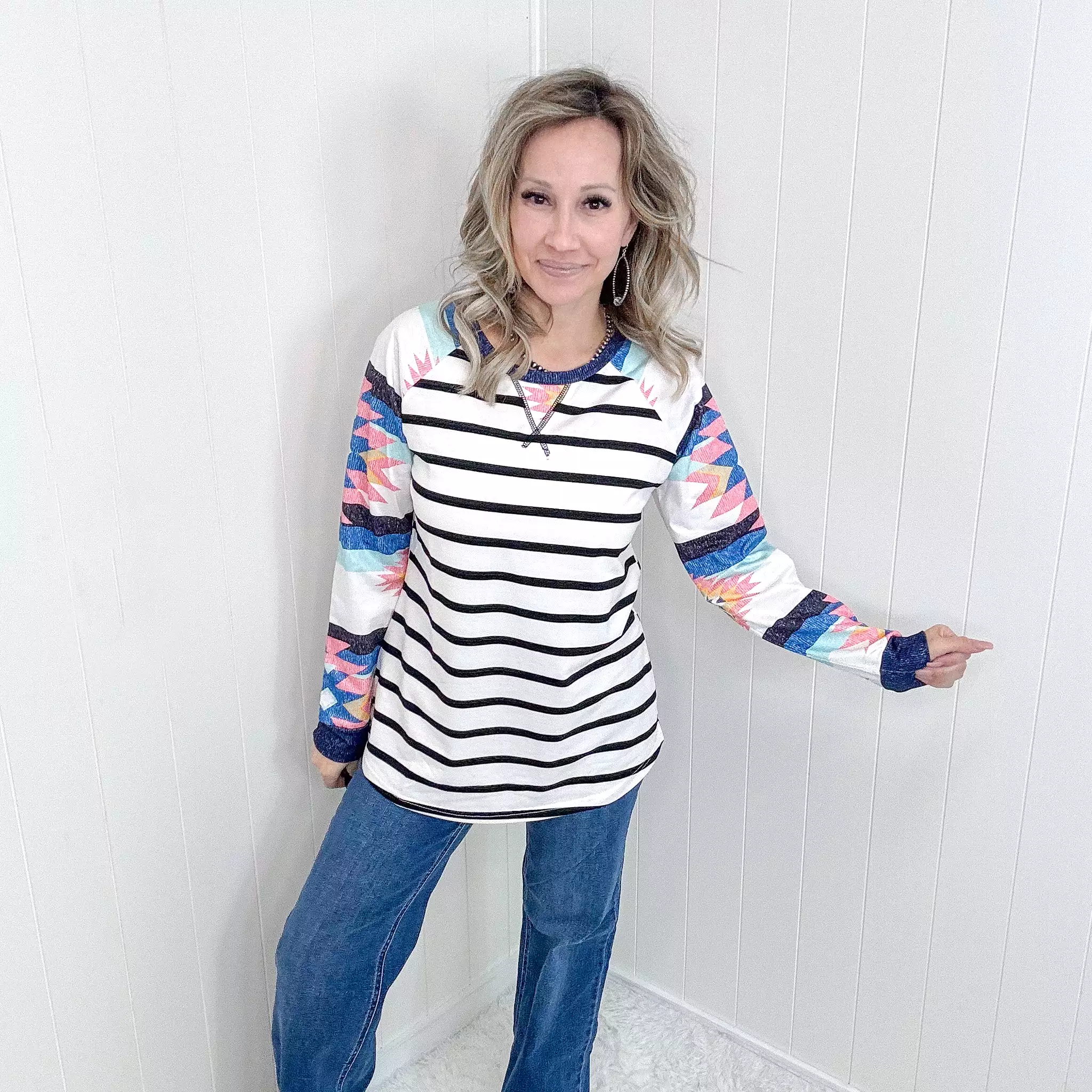 Change Of Pace Multi Print  Striped Long Sleeved Tee