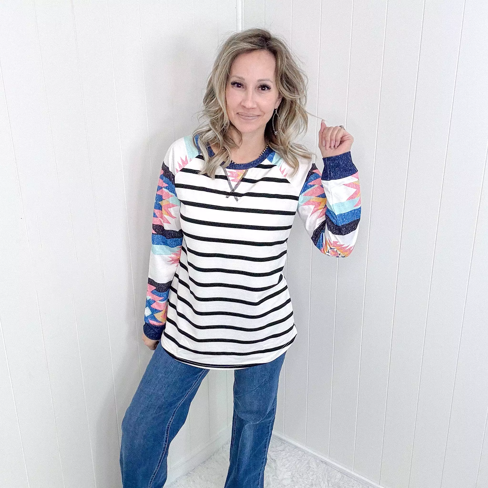 Change Of Pace Multi Print  Striped Long Sleeved Tee