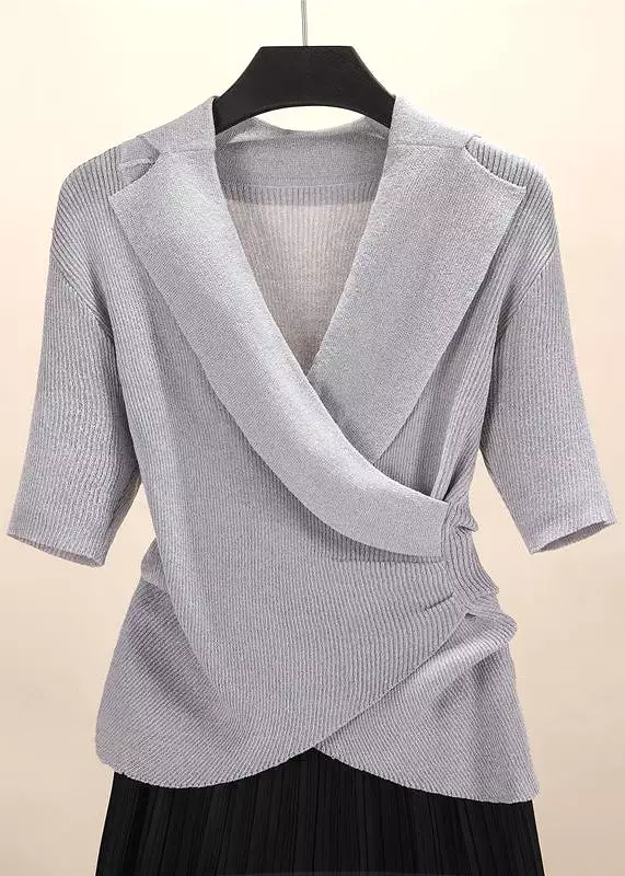 Cozy Grey Asymmetrical Solid Knit Top Short Sleeve AS1035