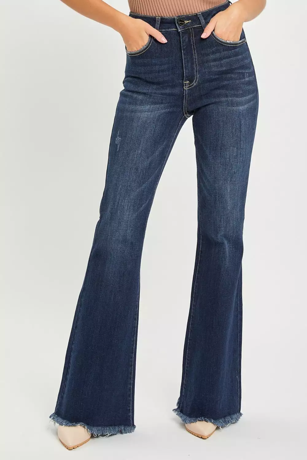 Dark Blue High Waist Raw Hem Flare Jeans