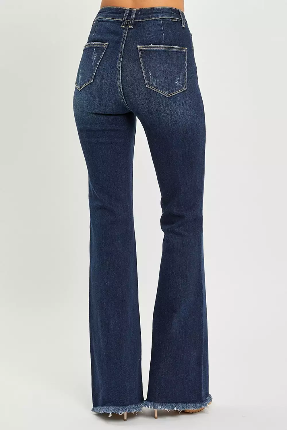 Dark Blue High Waist Raw Hem Flare Jeans