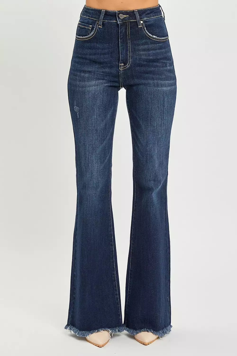 Dark Blue High Waist Raw Hem Flare Jeans