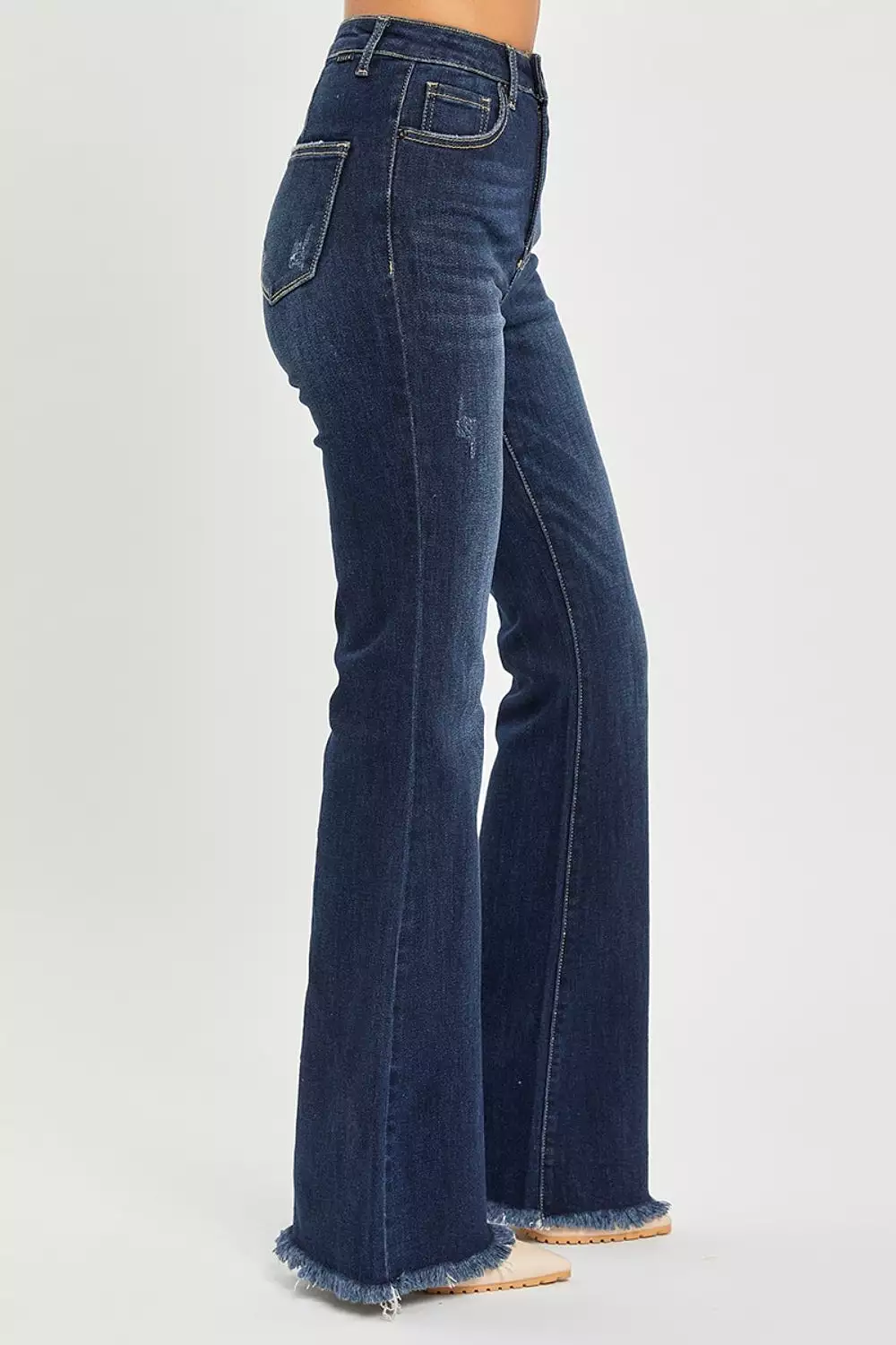 Dark Blue High Waist Raw Hem Flare Jeans