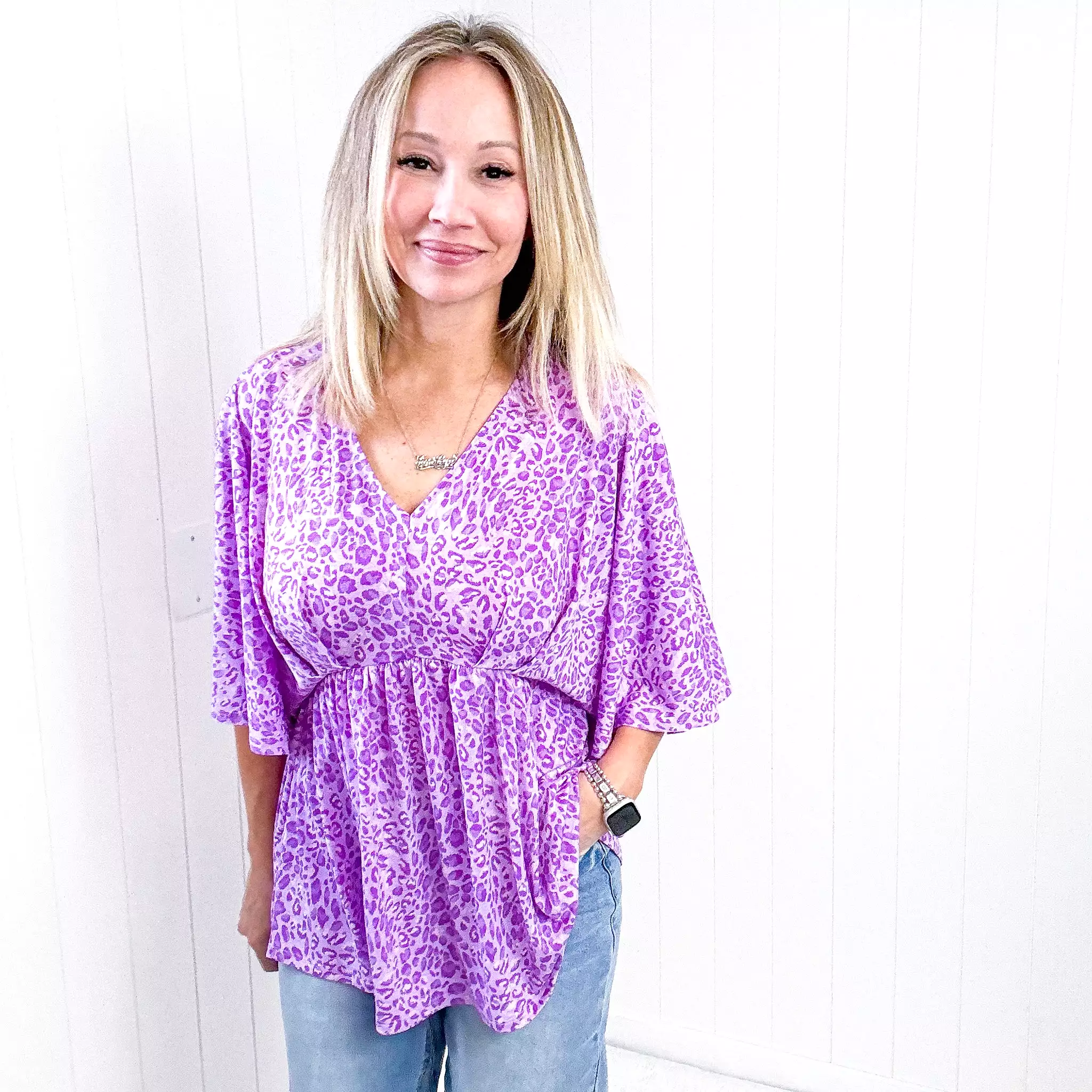 Dear Scarlett Dreamer Peplum Top in Lavender Leopard Print