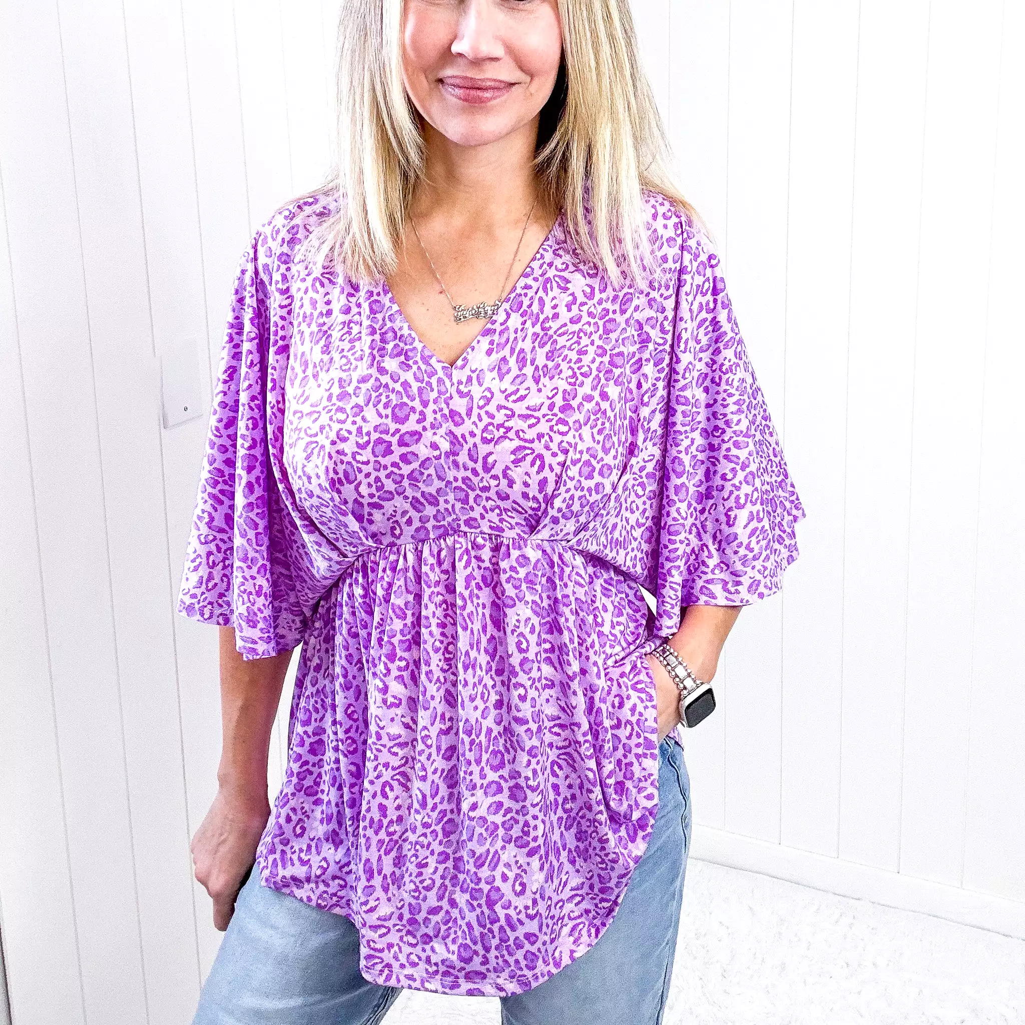 Dear Scarlett Dreamer Peplum Top in Lavender Leopard Print