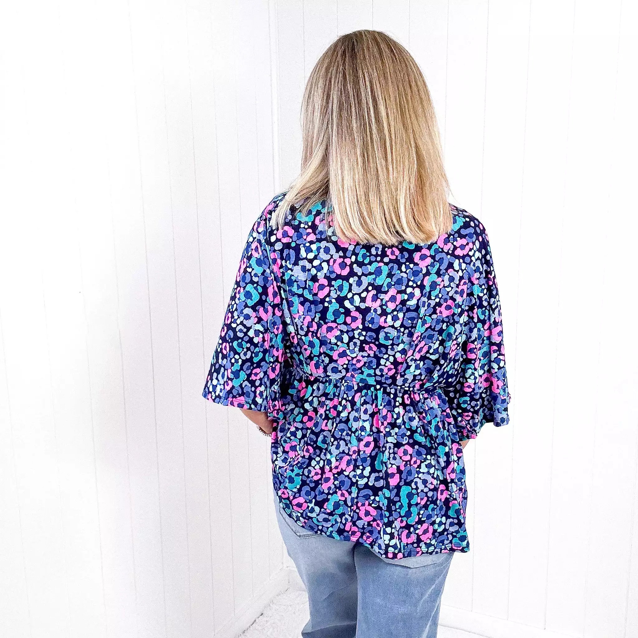 Dear Scarlett Dreamer Peplum Top in Navy and Lavender Animal Print