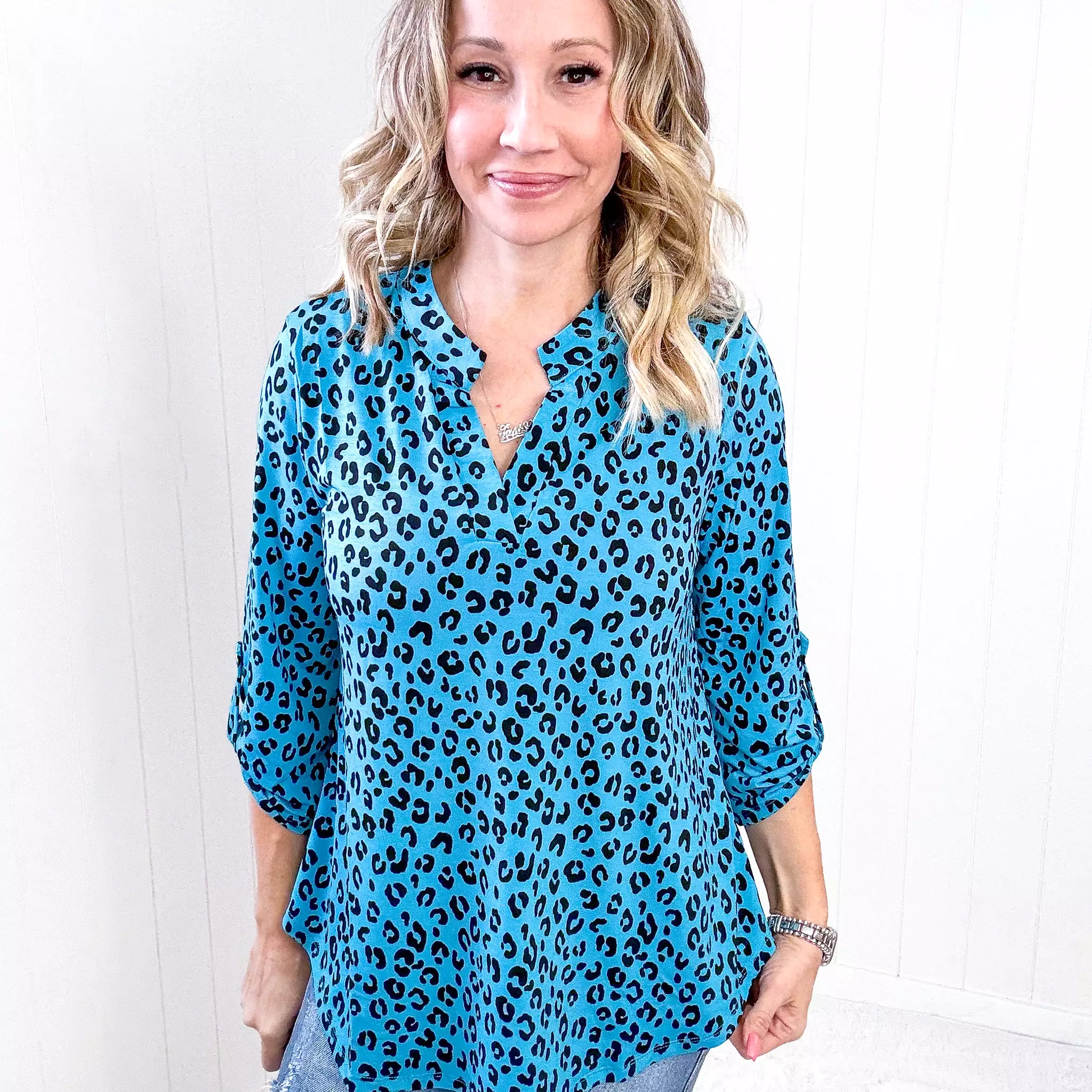 Dear Scarlett Lizzy Top in Teal Leopard Print