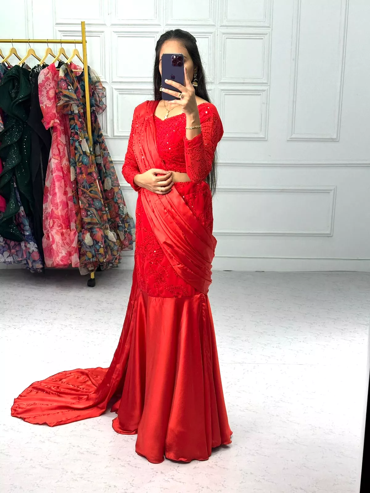 Designer Red Lehenga Saree With embroidered Dupatta and Stitched Blouse-PARUL001LS