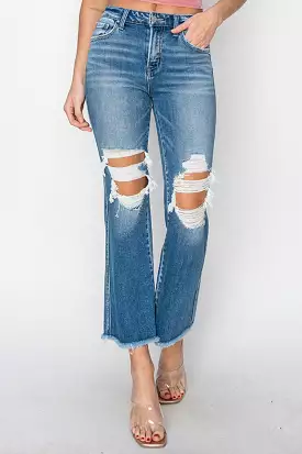 Distressed Mid Rise Cropped Flare Jeans