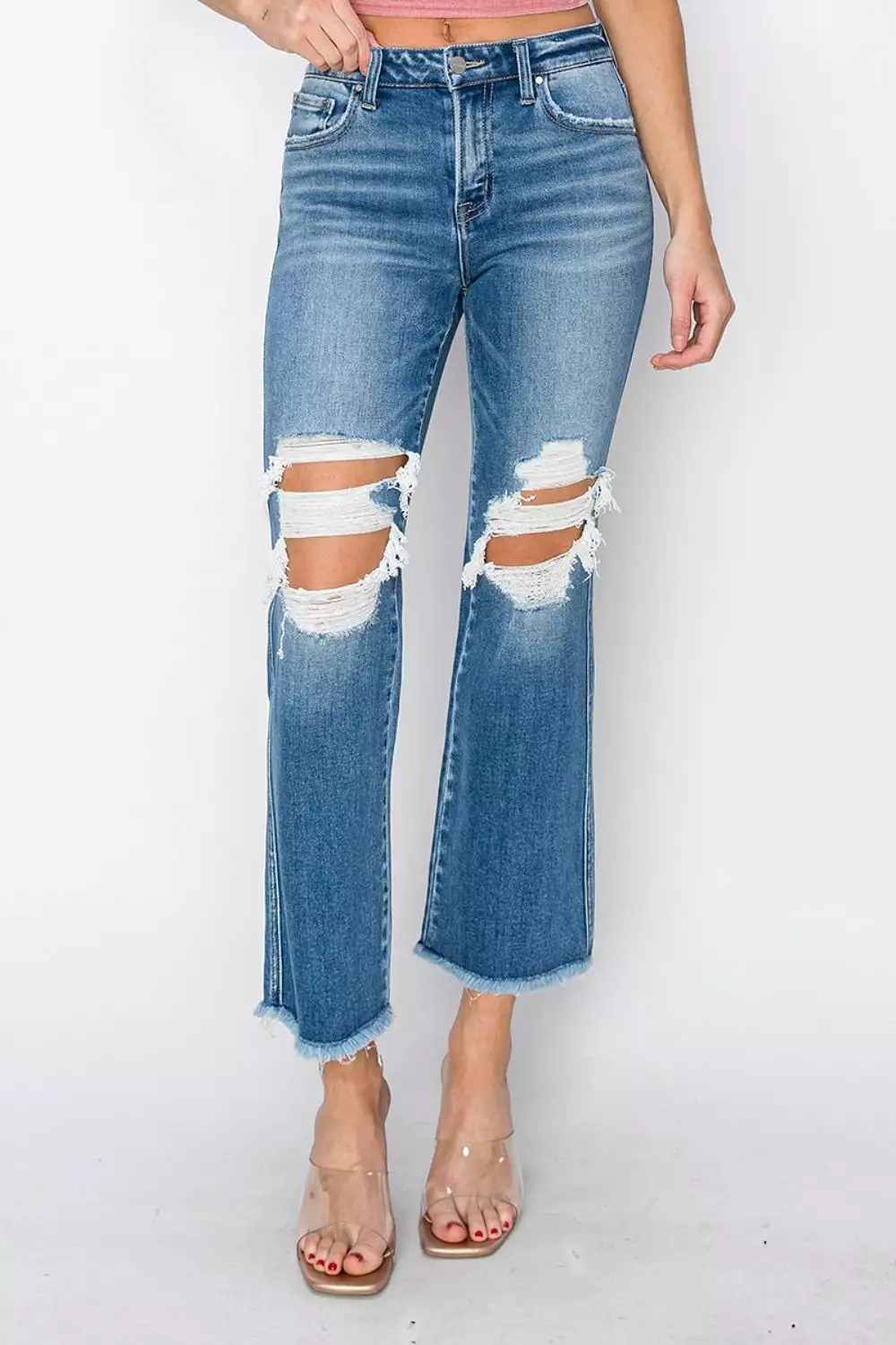 Distressed Mid Rise Cropped Flare Jeans