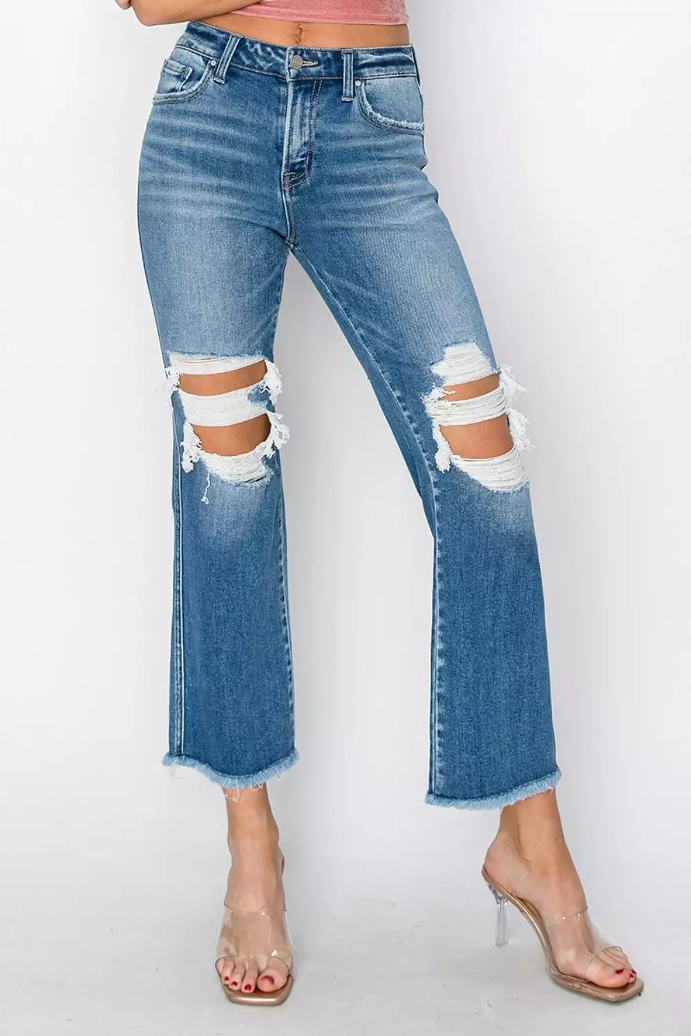 Distressed Mid Rise Cropped Flare Jeans