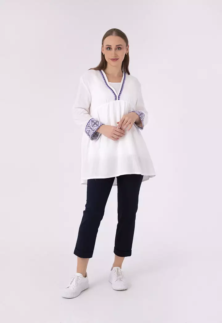 Embroidered Edge Border Crinkle Classic Blouse