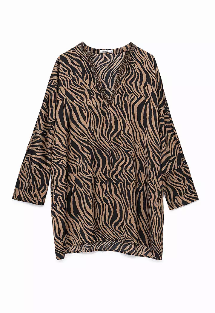 Embroidered Neck Zebra Printed Blouse