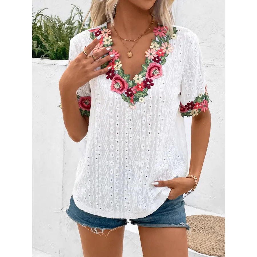 Eyelet Embroidered V-Neck Short Sleeve Blouse