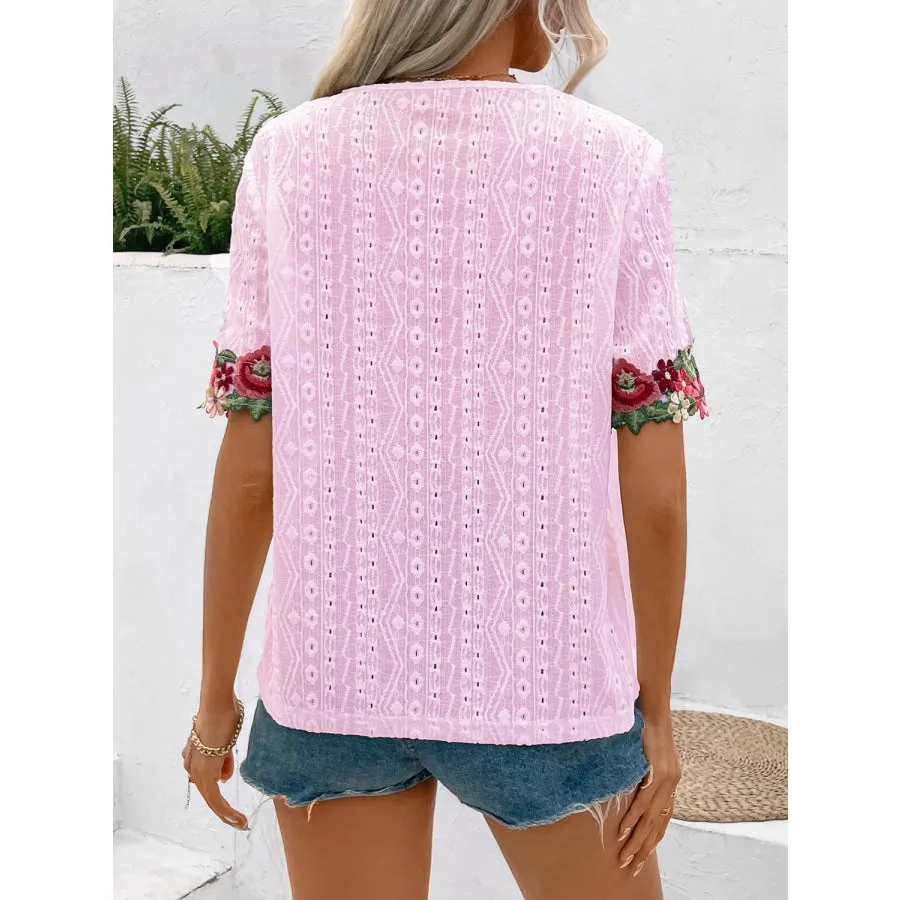 Eyelet Embroidered V-Neck Short Sleeve Blouse