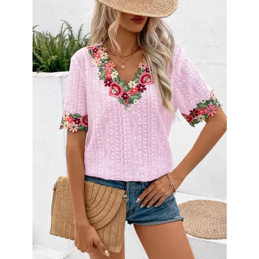 Eyelet Embroidered V-Neck Short Sleeve Blouse