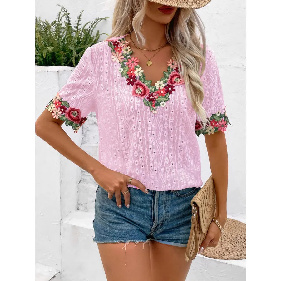 Eyelet Embroidered V-Neck Short Sleeve Blouse