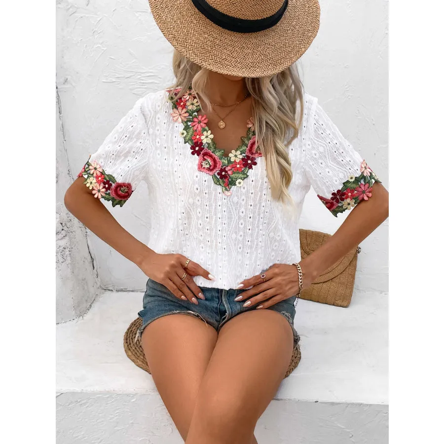 Eyelet Embroidered V-Neck Short Sleeve Blouse