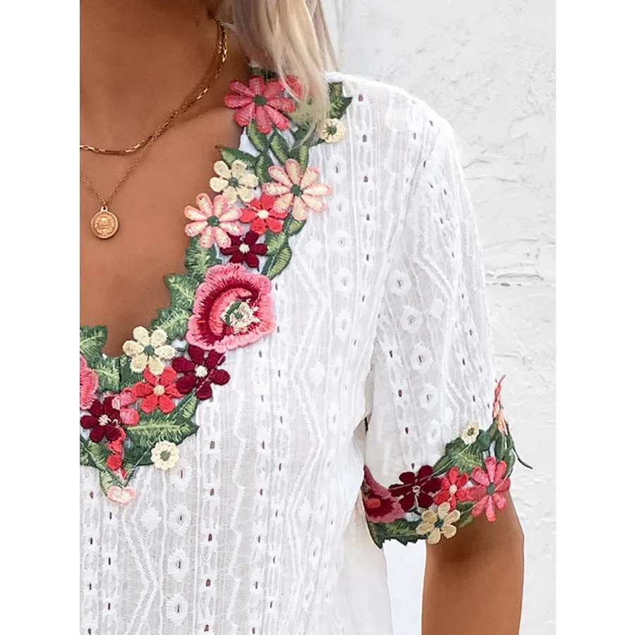 Eyelet Embroidered V-Neck Short Sleeve Blouse