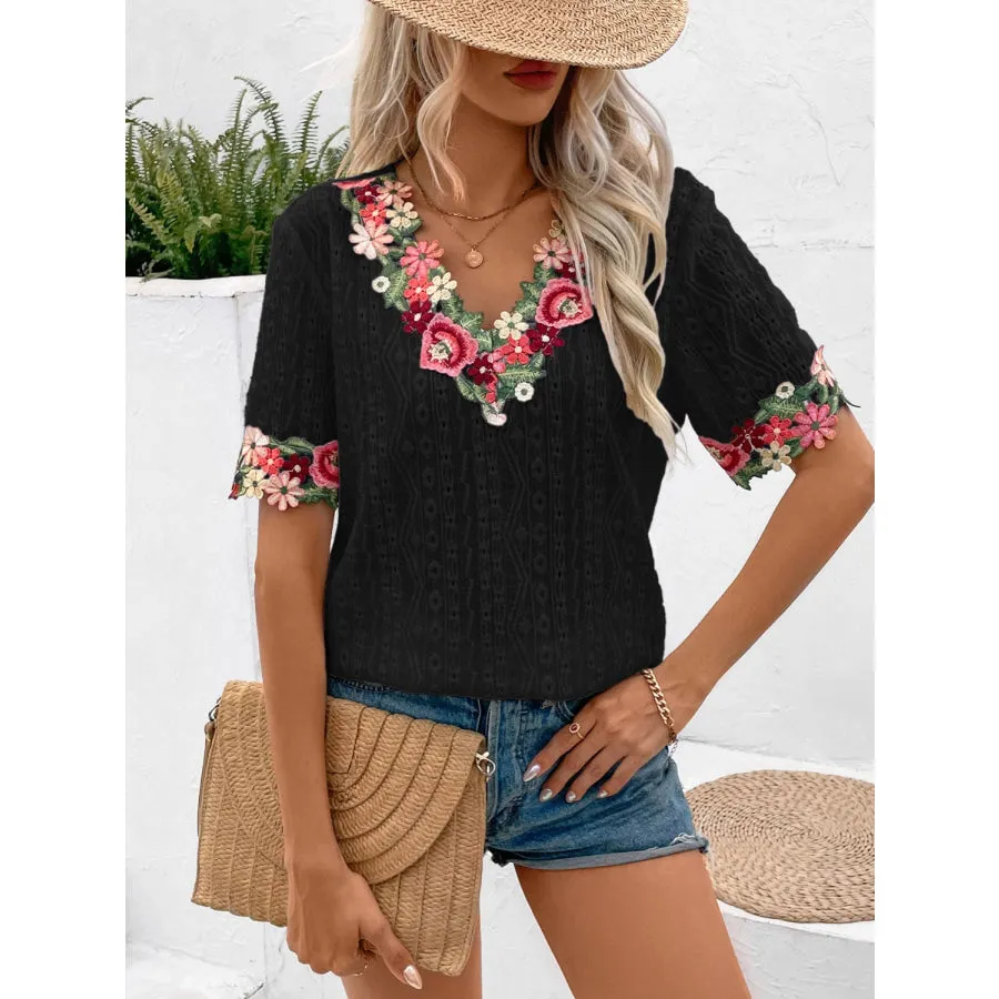 Eyelet Embroidered V-Neck Short Sleeve Blouse