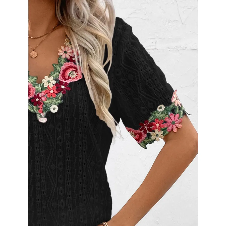 Eyelet Embroidered V-Neck Short Sleeve Blouse