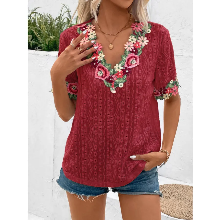 Eyelet Embroidered V-Neck Short Sleeve Blouse