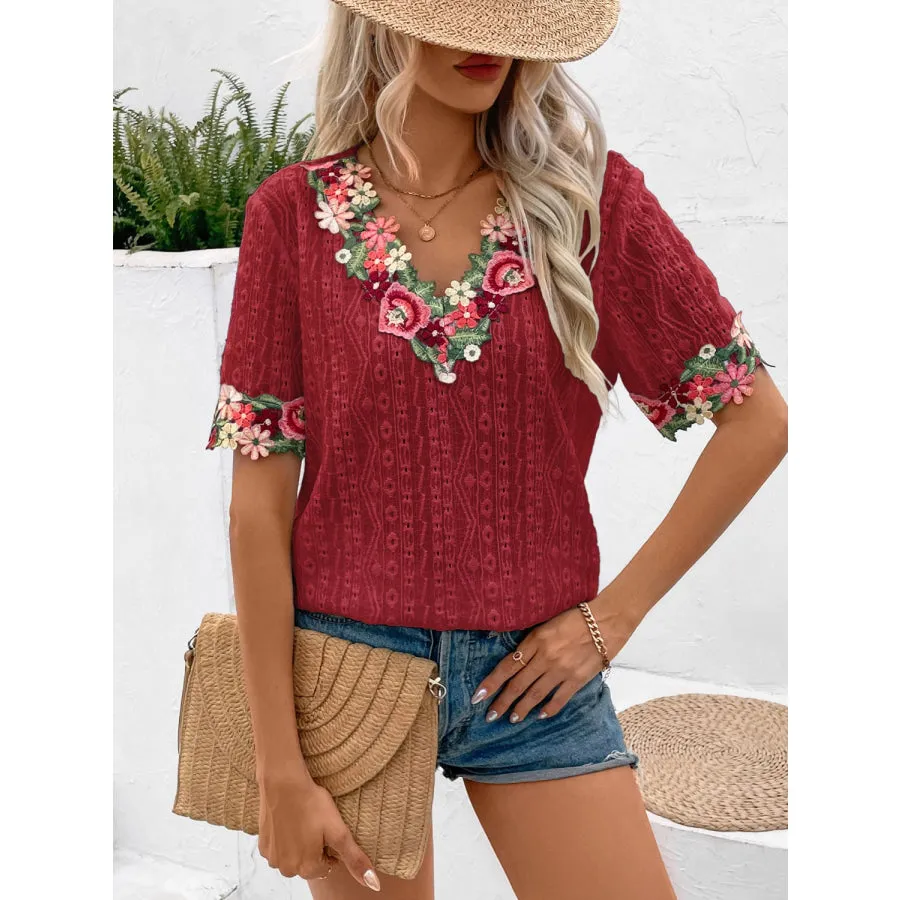 Eyelet Embroidered V-Neck Short Sleeve Blouse